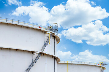 Oil storage tank at oil and gas refinery industrial zone, Business industrial storage tank oil and gas refinery, Crude oil storage tank business logistic and transportation.