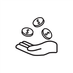 Minimal line art icon of a hand receiving or offering coins with dollar signs, symbolizing donation, charity, or financial support.