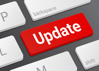 Fototapeta premium Close Up Update Button on Laptop or Computer Keyboard for Software Upgrade, System Refresh, Technology, and 3D Interface Illustration