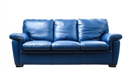 Deep blue leather couch, three-seater, isolated