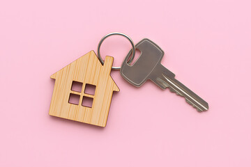 House Key with Wooden House Charm on Pink Background Representing Real Estate, Home Ownership and...