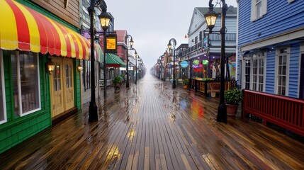 Obraz premium Pixel Art Rainy Boardwalk Colorful Buildings and Reflective Puddles