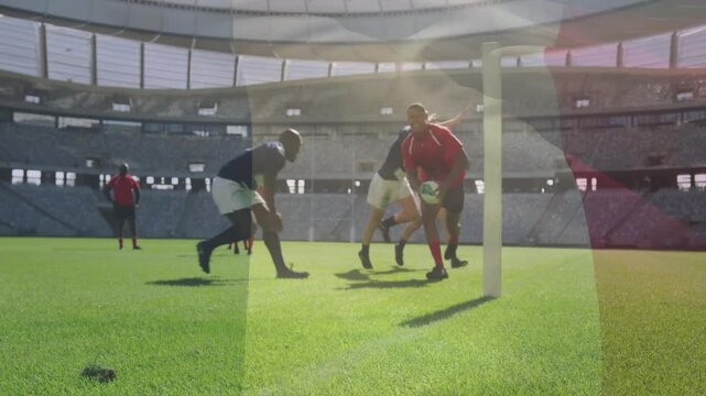 red player breaking for goal line defenders tackling with animated try marker for sports broadcast
