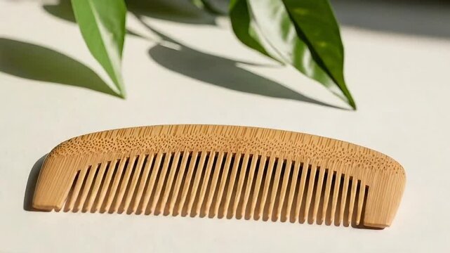 Bamboo comb on a neutral surface with green leaves in the background  