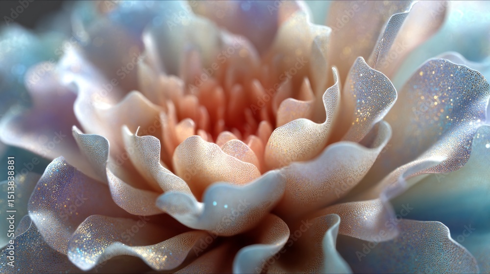 Poster Captivating synthetic flower features intricate layers of soft petals detailed with a shimmering texture. The color palette blends gentle pastel shades, highlighting elegance and creativity in design