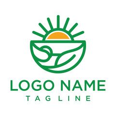 Clean and modern logo with a graphic sun emerging above abstract green elements, suggesting nature or organic products. Ideal for health, wellness, or sustainable brands.