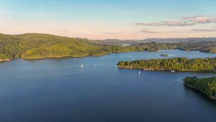 A panoramic view from a drone of Zalew Solina, called the Bieszczady sea, an artificial reservoir created by damming the waters of the San River, a popular recreation area in Southern Poland