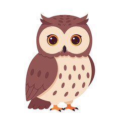 A brown owl with large orange eyes stands facing forward against a white background.