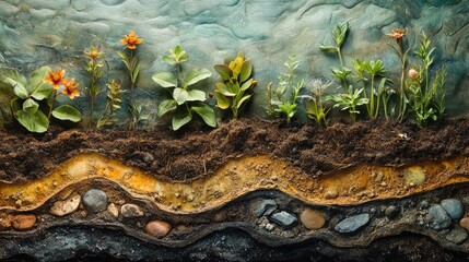Obraz premium A meticulously crafted arrangement of flora and soil layers.