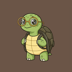A cartoon turtle is standing upright wearing glasses and a backpack on a brown background.