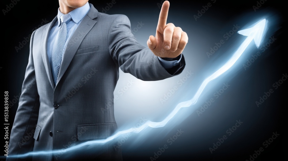 Poster professional businessman in suit pointing to graph indicating a shift in metrics representing real b