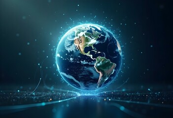 Floating 3D hologram of Earth surrounded by network data and tech lines