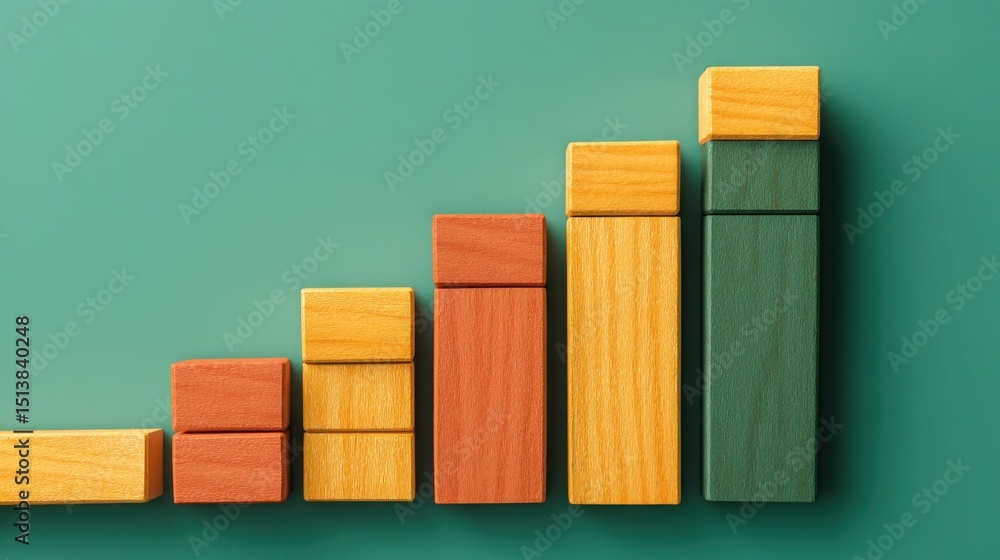 Poster an ascending wooden block graph representing business performance metrics and strategic growth over 