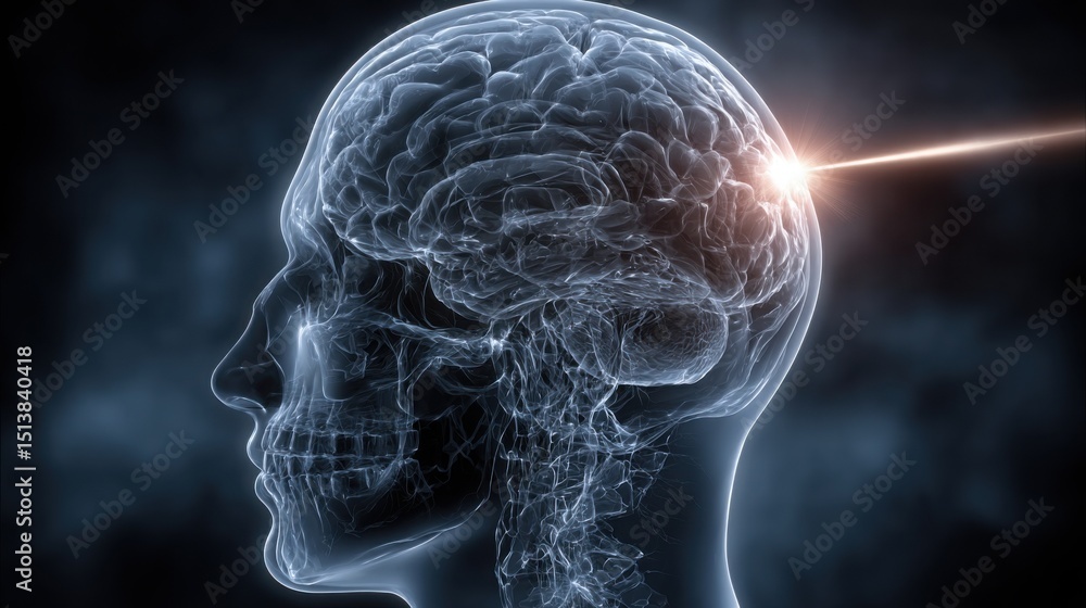 Poster human head with laser in brain representing advanced neural attention module and focused computation