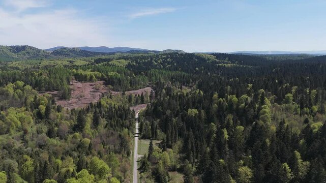 A view from a drone of the wild, forested Bieszczady Mountains, the region in Europe with the lowest population density, near Otryt