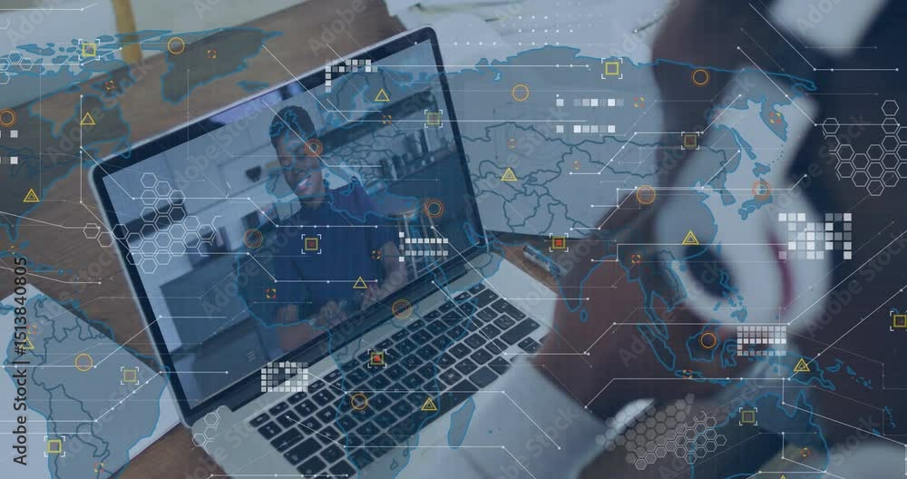 Poster man tapping laptop and initiating overlay during remote business meeting with animated world map