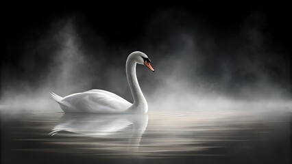 Fototapeta premium white swan on the water on a dark black background. 