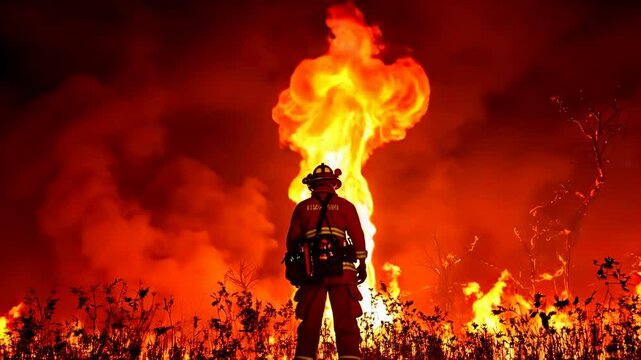A firefighter stands steadfast, facing a roaring wildfire and the inferno of flames in the darkness of the night.