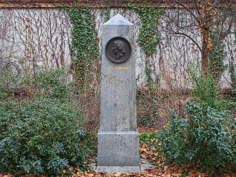 Leipzig, Germany. Robert Schumann monument. The portrait medallion of the composer was created by sculptor Heinrich Natter. The obelisk by architect B. L. Grimmwas was inaugurated on April 8, 1875.