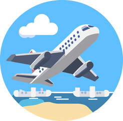 Airplane Takeoff Journey. Skyward Flight Travel Destination Scene. Vector illustration
