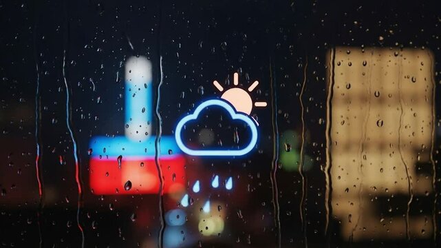 Rainy Night Window View with Neon Weather Sign and City Lights Bokeh