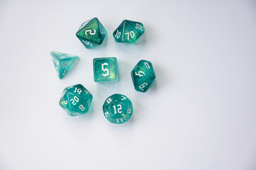 Set of blue dice for role-playing games on a white background. Multi-sided dice (d4, d6, d8, d10, d12 and d20) for fantasy games.