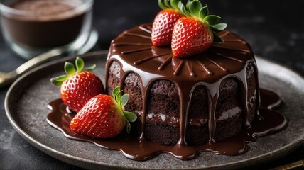 Delicious chocolate cake with fresh strawberries and cream