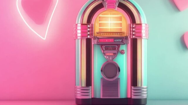 Vintage jukebox in a vibrant retro setting with neon lights and heart decorations in the background
