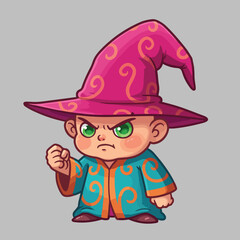 A cartoon image shows an angry wizard child with a pointed pink hat and a teal robe and clenched fist.