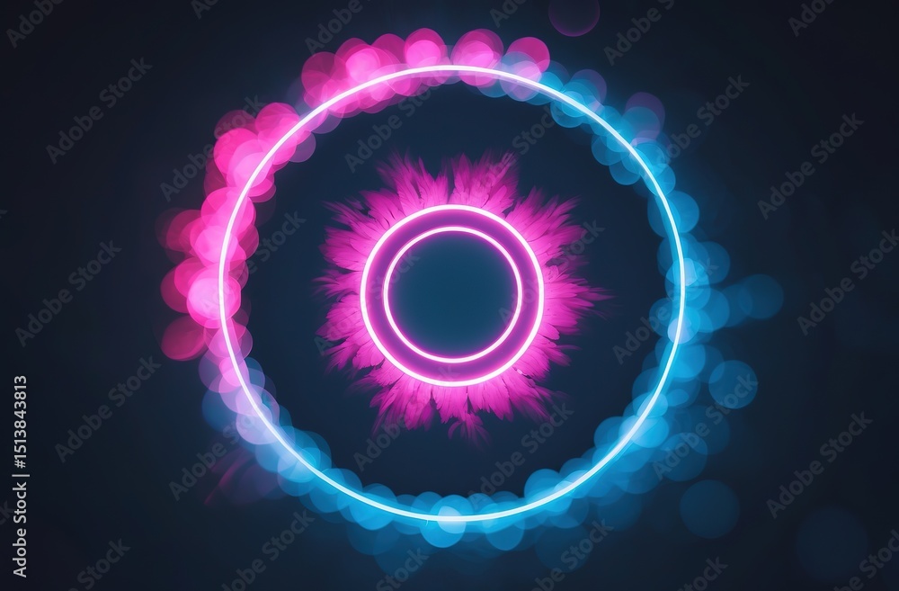 Poster abstract neon circle background with pink feathers and bokeh lights