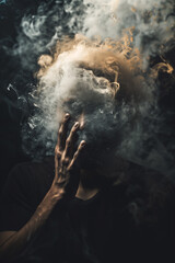 Obraz premium Figure obscured by smoke, creating an enigmatic & ethereal atmosphere. A hand reaches out, adding a touch of humanity and mystery.