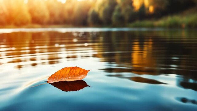 Fallen leaf floating on reflective water surface in sunlight calm nature scene