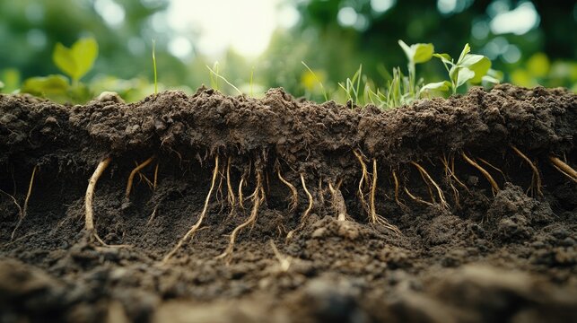 Close-up view of fertile soil and plant roots.