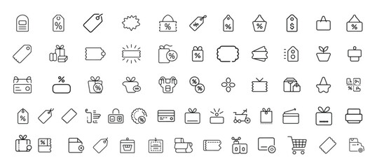Discount set of web icons in line style. Shopping and e-commerce linear icon collection. Containing label, price tag, coupon, sale promotion, offer, credit, price card and more. Editable stroke vector