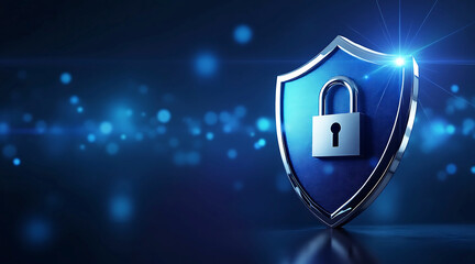 Cyber security concept with a shield and padlock representing data protection and safety.