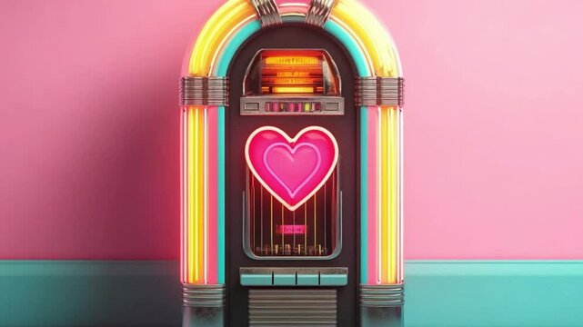 Colorful vintage jukebox with neon lights featuring a heart design against a pink background