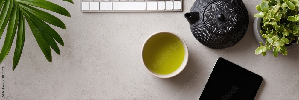 Aufkleber serene workspace featuring green tea and minimalistic design in a bright environment