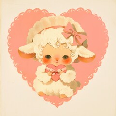 Fototapeta premium vintage kitsch valentines day concept love sheep lamb with pink ribbon