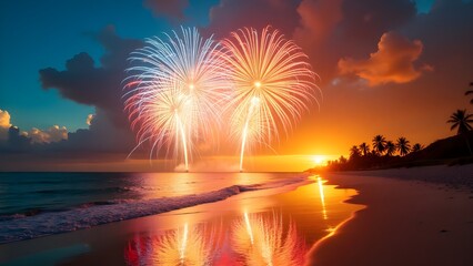 Colorful Fireworks Display Above Ocean Waves