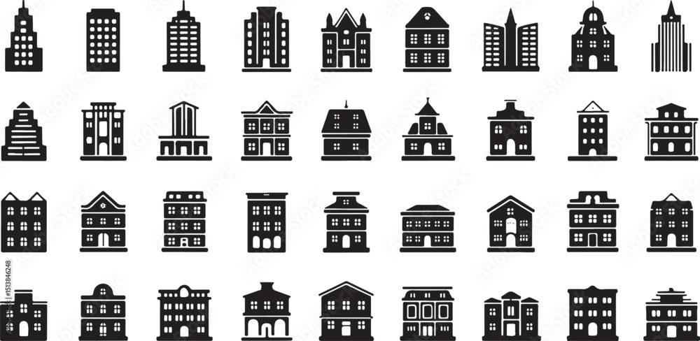 Poster collection of diverse building icons for design projects and applications