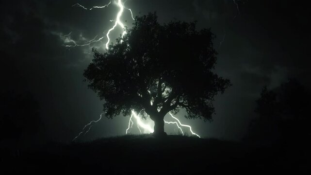 Majestic tree silhouetted against stormy sky with lightning strikes  