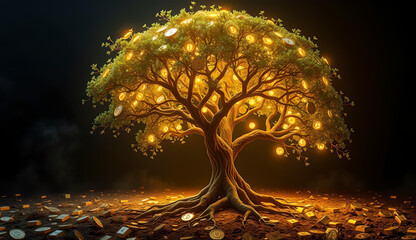 Digital tree with leaves made of glowing cryptocurrency coins, roots as computer circuits, planted in soil of gold bars, surreal business nature fusion, cinematic lighting