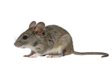 A close up portrait of a small mouse against a solid white background