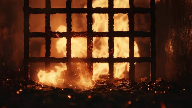 Fire burning behind a metal grate with glowing embers below  