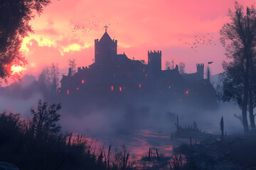 Barbarian raiders attacking medieval settlement at dawn.