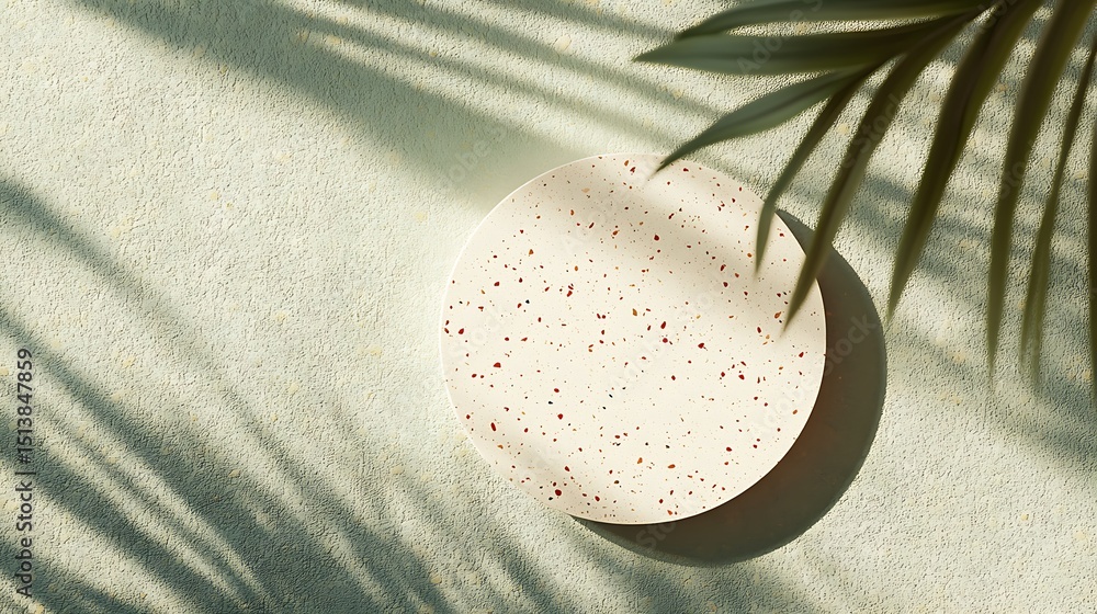 Poster minimalist terrazzo display surface with tropical palm leaf shadows on textured light green backgrou