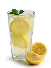 Fototapeta premium Glass of Lemonade With Fresh Lemons and Ice on White Background