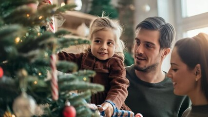 Happy family decorates Christmas tree together. Smiling dad, mom and daughter celebrating winter holidays and creating joyful memories. Festive atmosphere in the home.