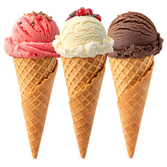 Three ice cream cones with different flavors strawberry vanilla and chocolate on a black background