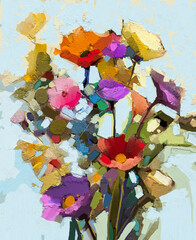 Abstract colorful oil, acrylic painting of spring flower. Hand painted brush stroke on canvas. Illustration oil painting floral for background. Modern art paintings flowers with yellow, red color.